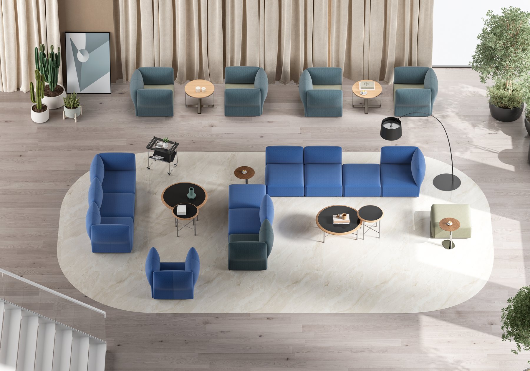 Blue modular lounge furniture in a contemporary office